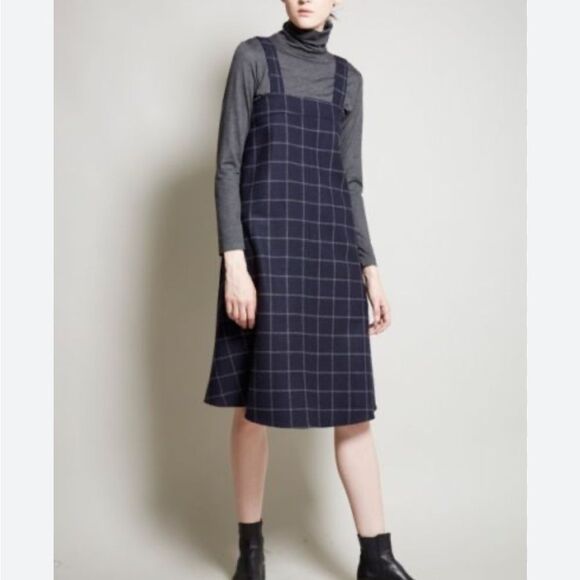 BCBGMAXAZRIA Navy Brown Plaid Apron Square Neck Asymmetrical Dress 8 M - Picture 1 of 15
